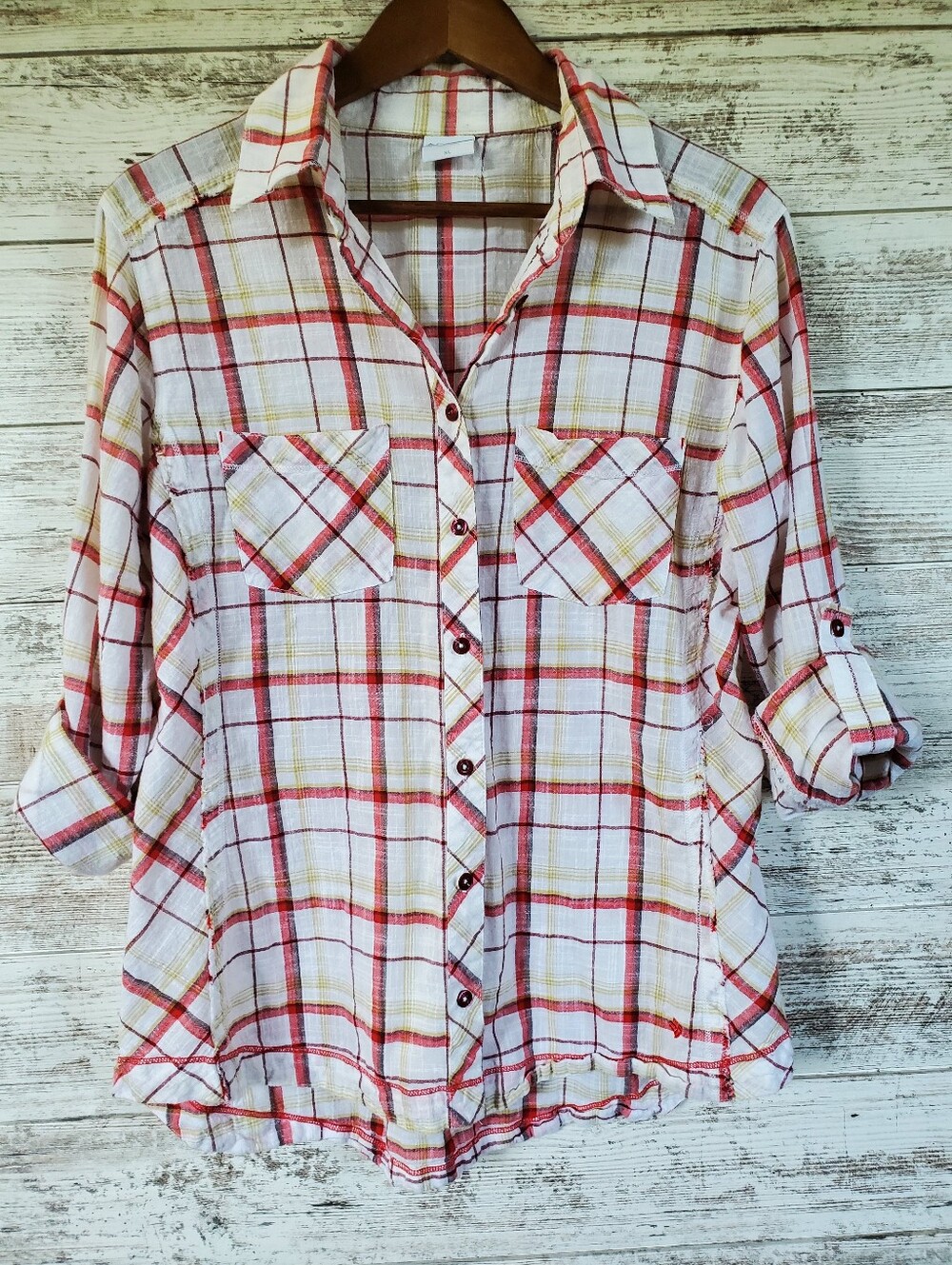 Columbia Frayed Raw Edge Tartan Plaid Roll-up  Button Up Long Sleeve Shirt